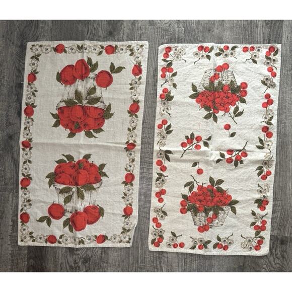Vintage MCM Parisian Prints Linen Tea Kitchen Towels Apples Cherries Kitchen - Picture 2 of 9
